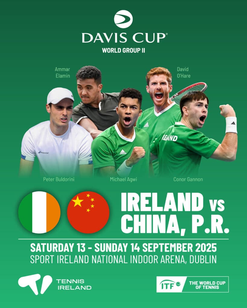 five tennis players on a green background with the ireland flag and china pr flag and written information about the upcoming davis cup tie.